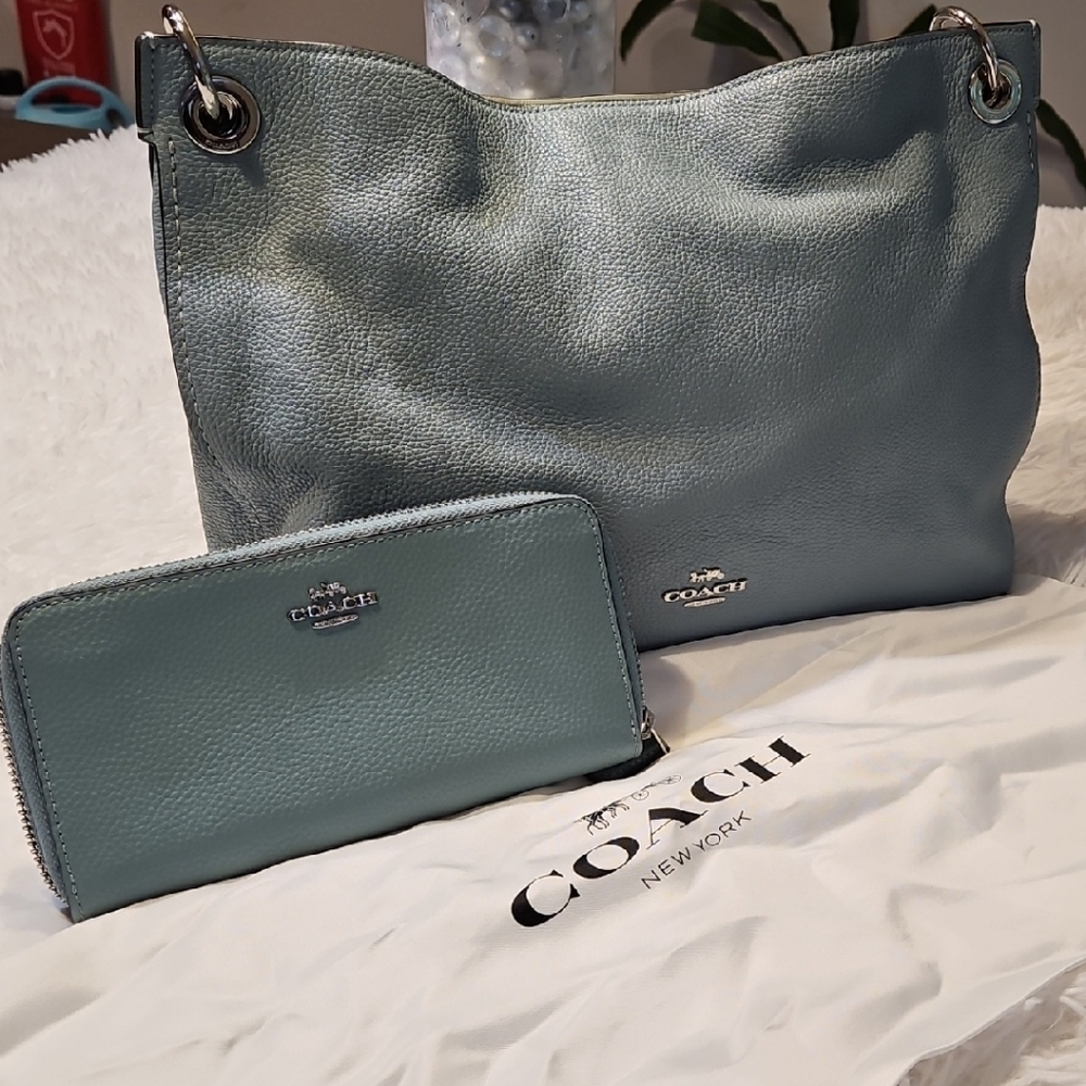 Coach Teal Leather Shoulder Bag and Wallet Set